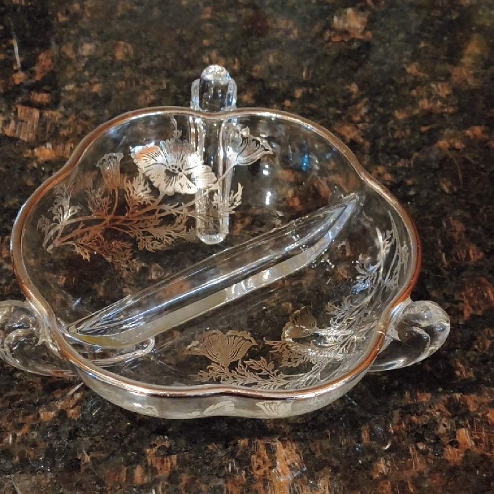 Silver City Flanders Poppys Silver Overlay 3 Handled Clear Glass Divided 6"Bowl